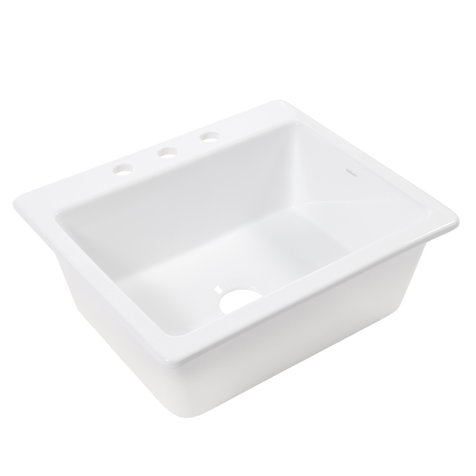 A small crisp white fireclay drop-in kitchen sink.