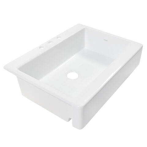 A crisp white fireclay quick-fit drop-in apron front kitchen sink.
