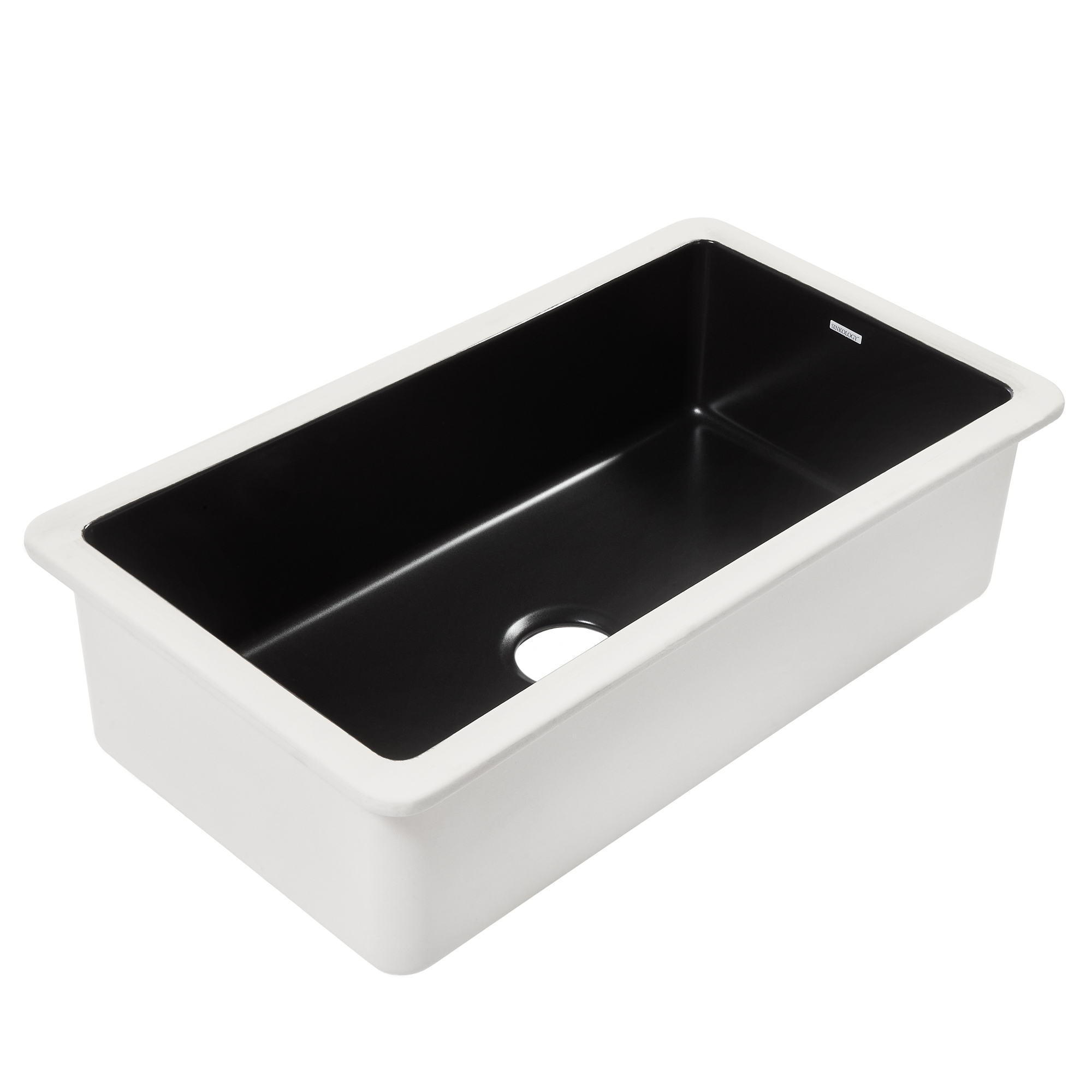A matte black fireclay undermount kitchen sink.