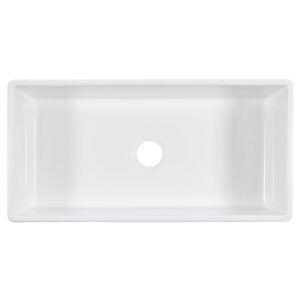 A plain, white, rectangular kitchen sink with a single drain hole in the center. The sink has a smooth and glossy finish, offering a minimalist design.