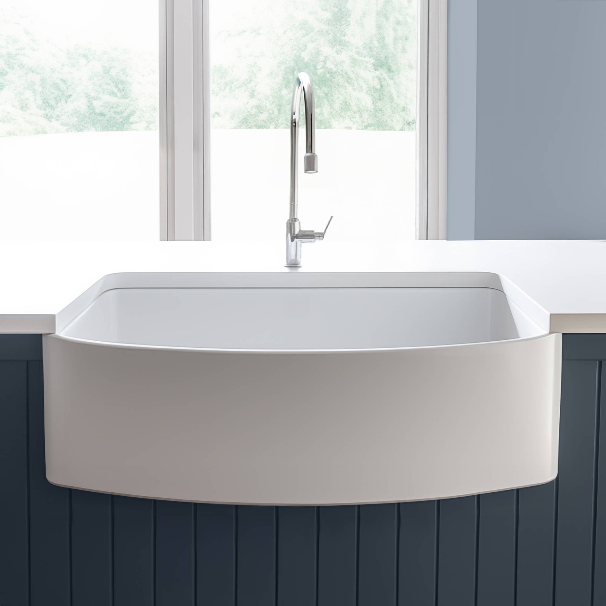 A glossy white rectangular undermount farmhouse sink with a curved front made in fireclay with a 3.5" drain hole.