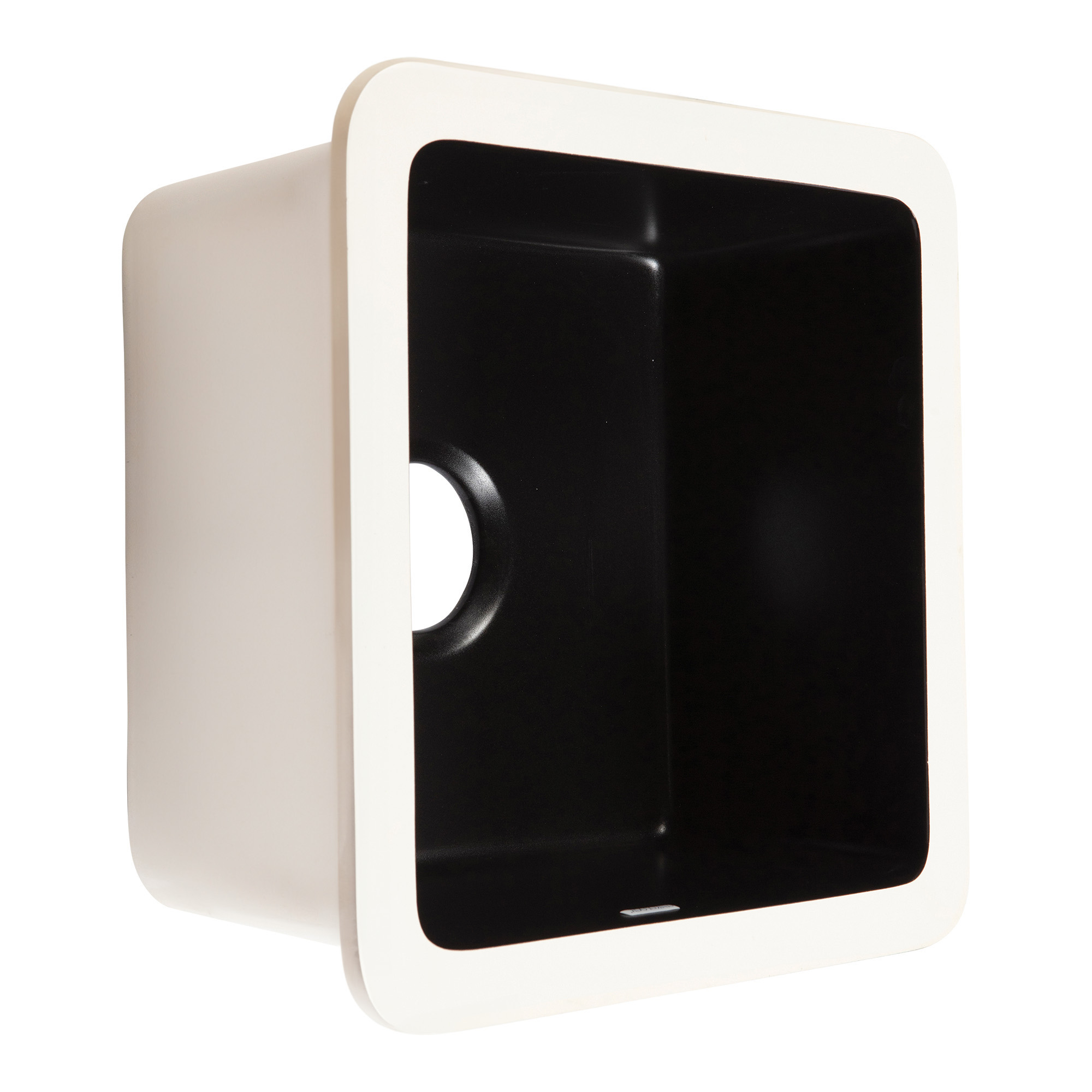 A matte black square undermount bar and prep sink made in fireclay.
