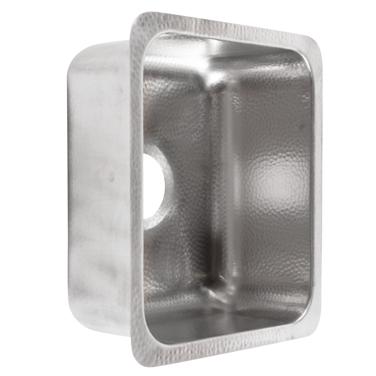 A square hand hammered undermount brushed stainless steel bar and prep sink
