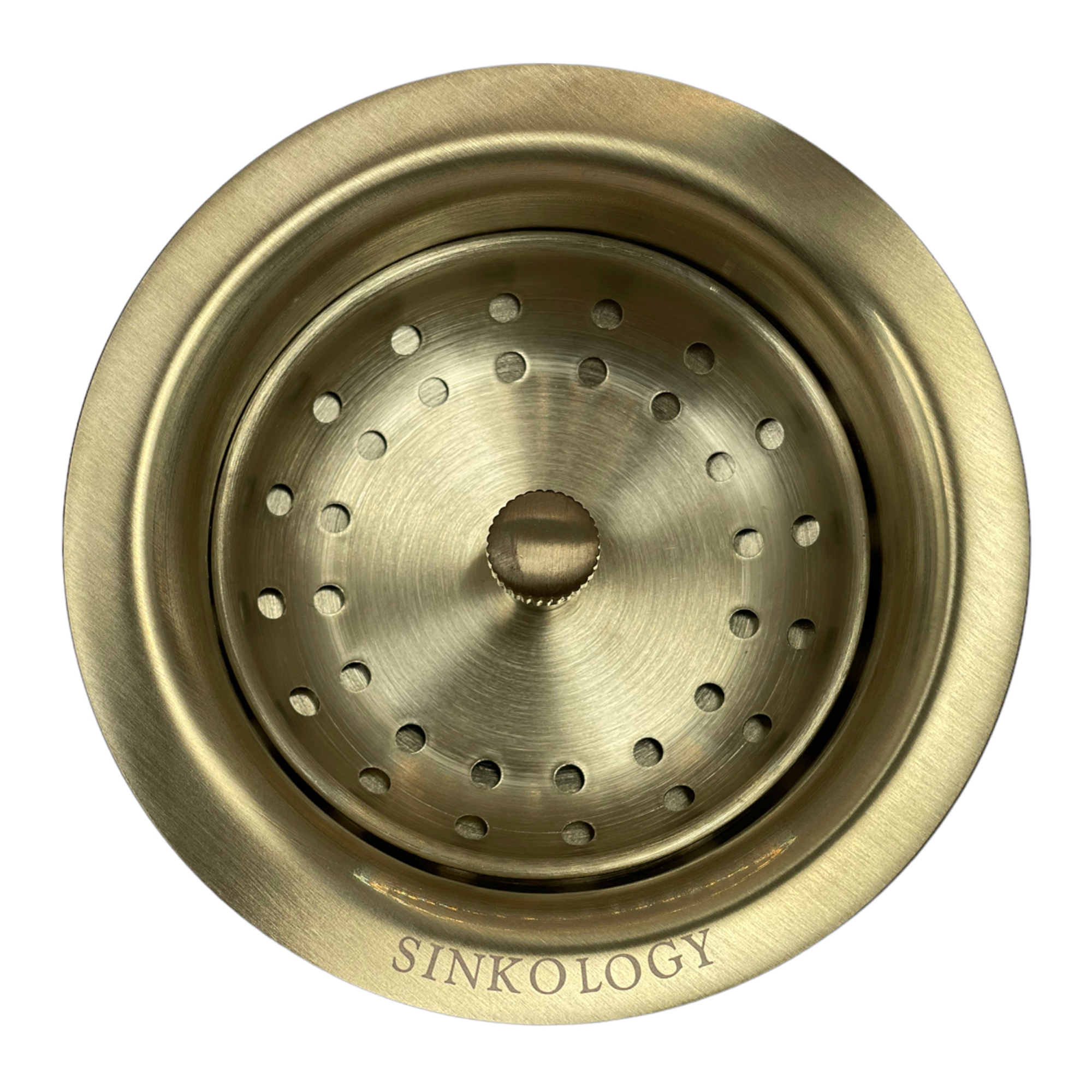 A satin gold kitchen sink strainer drain.