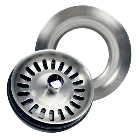 A stainless steel kitchen sink disposal drain.