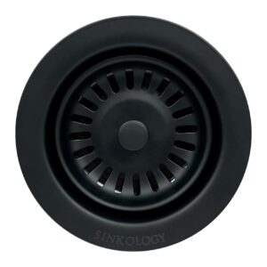 A matte black kitchen sink disposal drain.