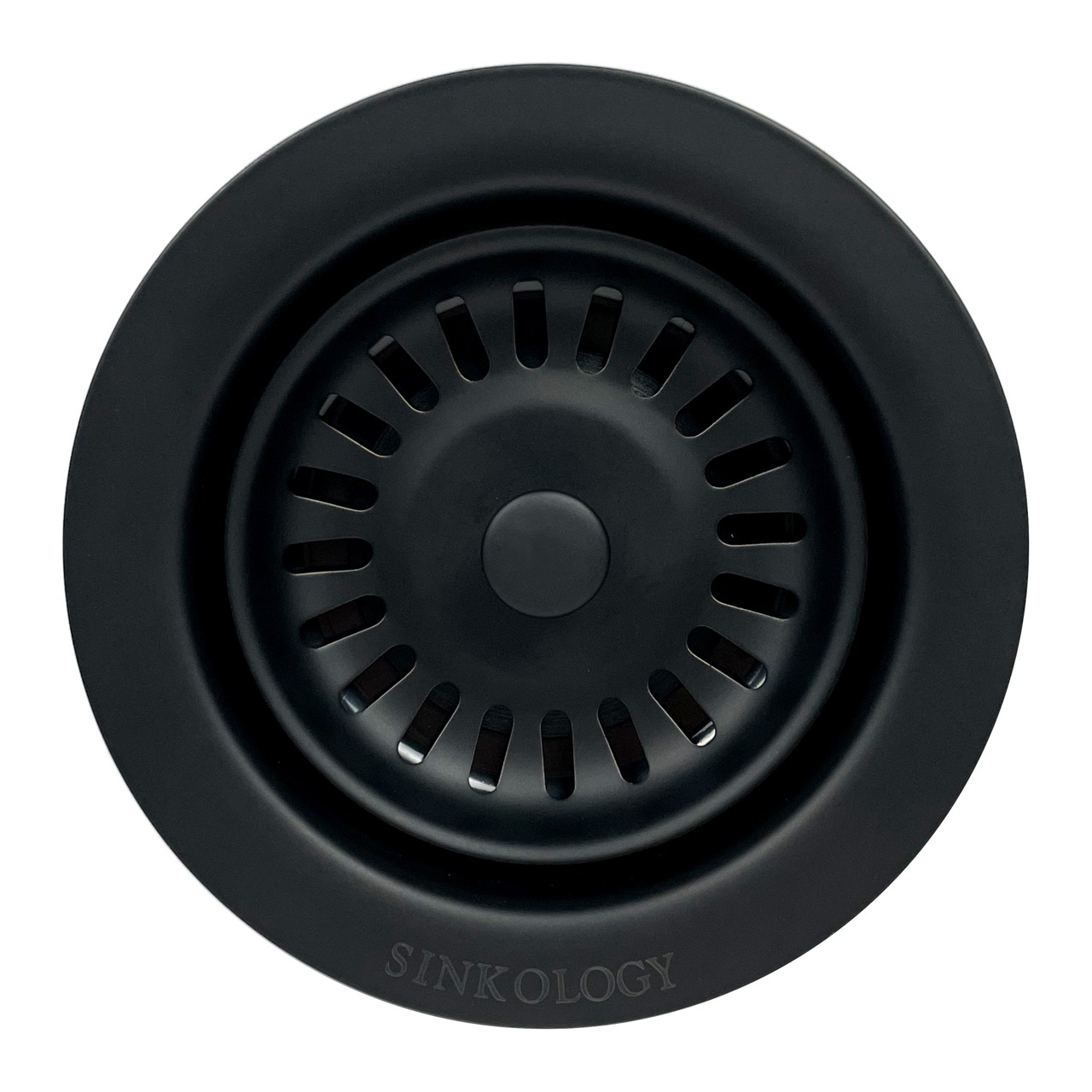 A matte black kitchen sink disposal drain.