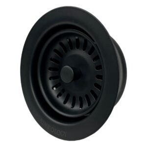 A matte black kitchen sink disposal drain.