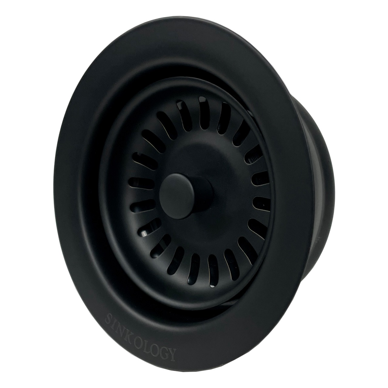 A matte black kitchen sink disposal drain.