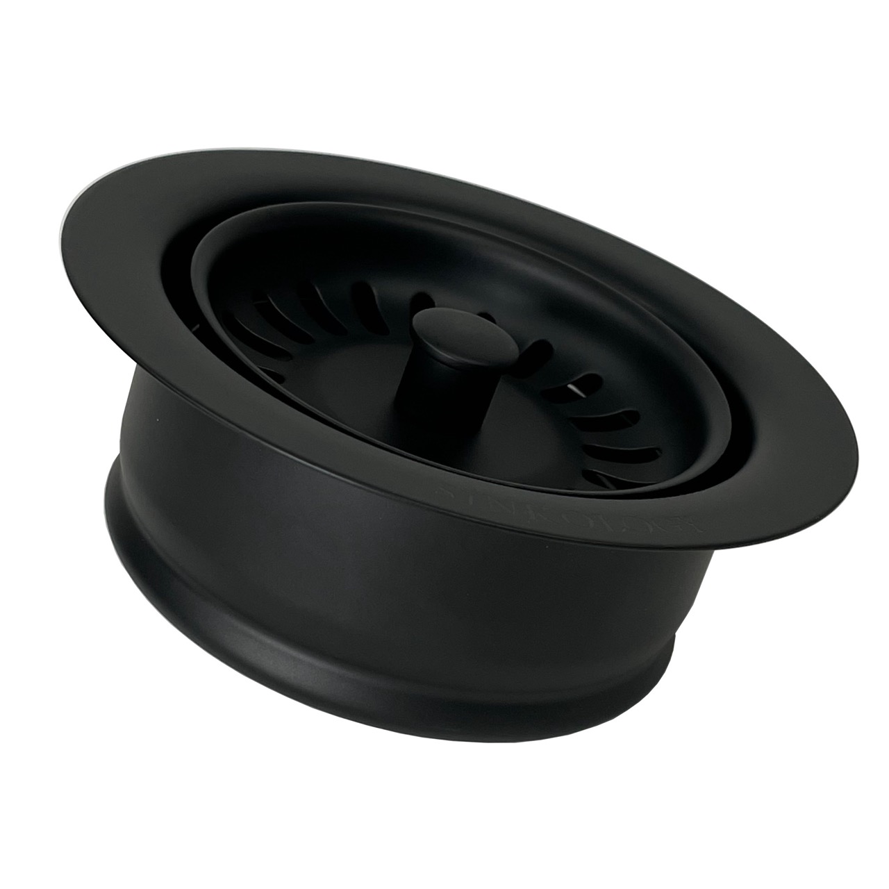 A matte black kitchen sink disposal drain.