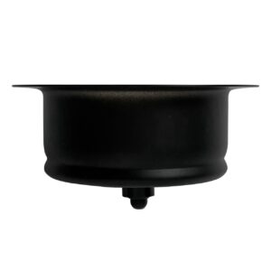 A matte black kitchen sink disposal drain.
