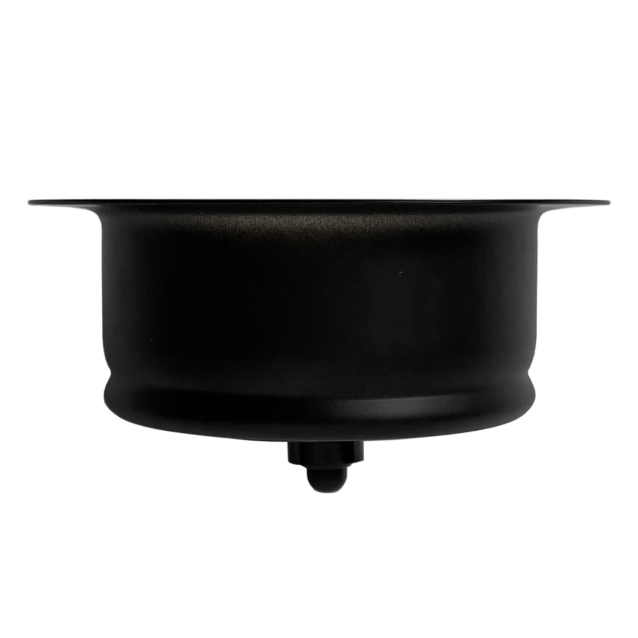 A matte black kitchen sink disposal drain.