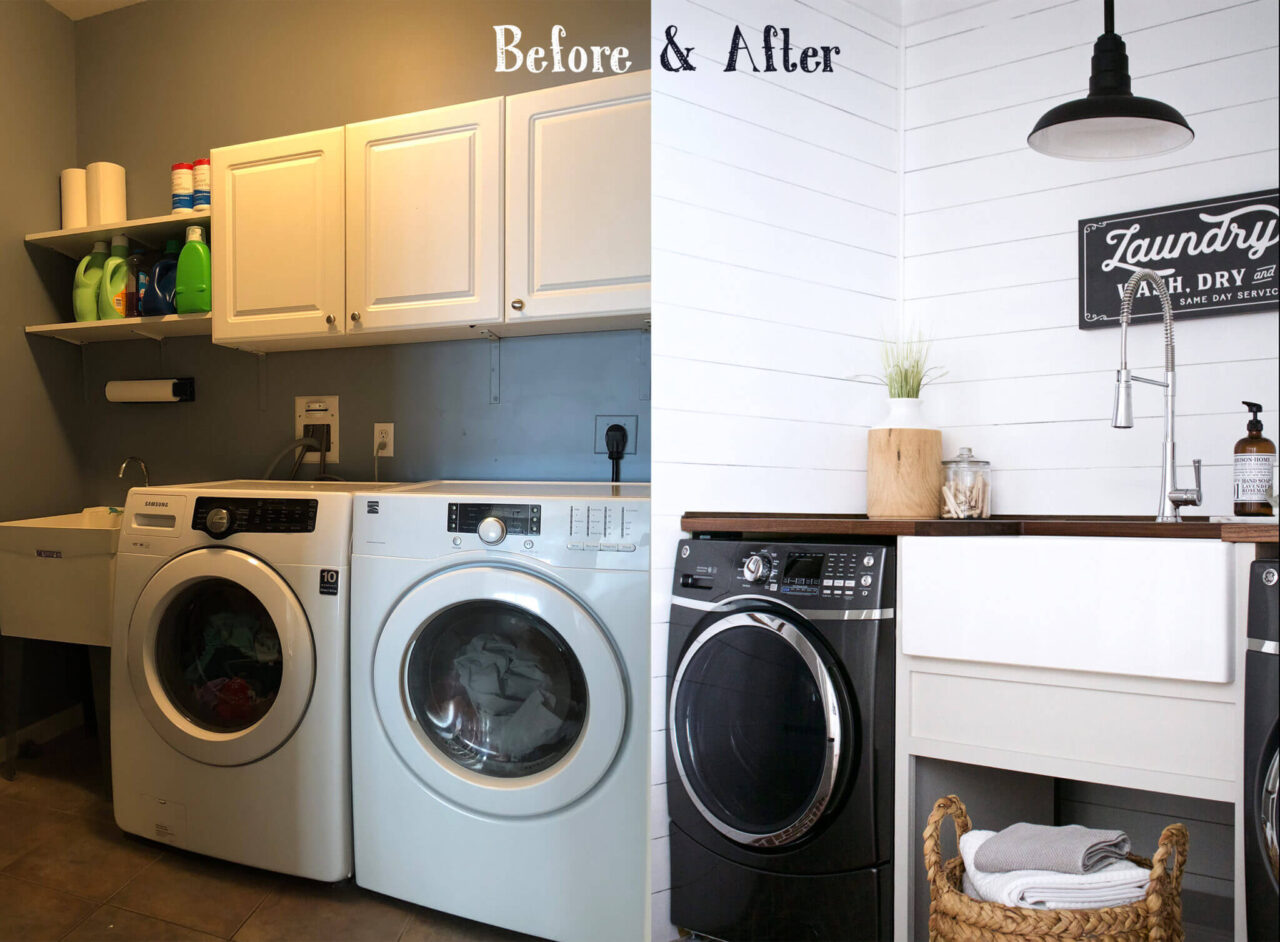 A side-by-side "Before & After" comparison of a laundry room makeover, showing a transition from a basic, utilitarian setup to a modern, stylish design with black appliances and a farmhouse sink.