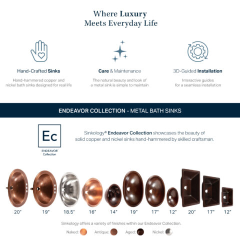 The image highlights Sinkology's Endeavor Collection of metal bath sinks, featuring hand-hammered copper and nickel designs. It showcases a range of sink sizes and finishes, emphasizing their durability, easy maintenance, and seamless installation.