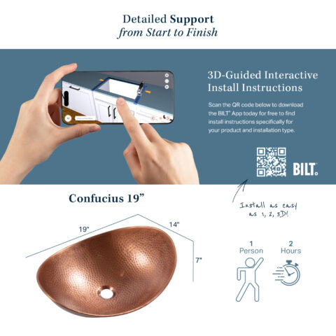 The image highlights the Confucius 19" sink with SKU number SB305 19AC, providing its dimensions (19" x 14" x 7") and emphasizing the ease of installation using 3D-guided interactive instructions via the BILT app. The installation is designed to be completed by one person in about two hours.