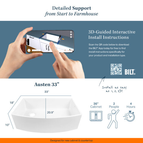 The image promotes the Austen 33" curved apron sink by Sinkology, with SKU SK498-33FC. Highlighting its easy installation, 3D-guided instructions via the BILT app. Including sink's dimensions and mentions that it requires a 36" cabinet, can be installed by two persons in approximately 4 hours.