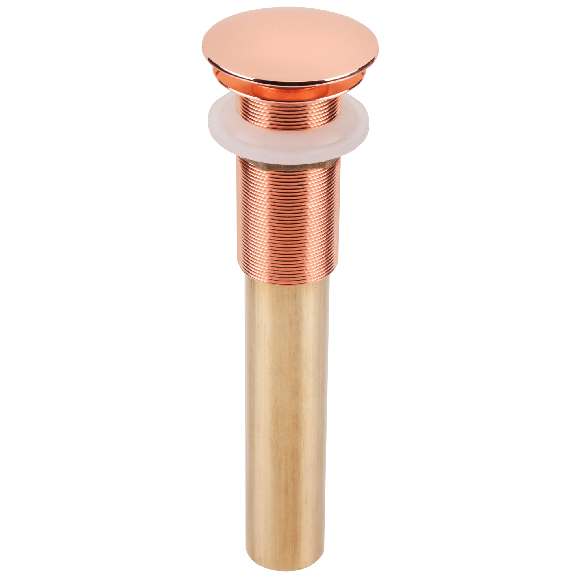 A copper pop-up drain assembly with a polished finish and brass base, designed for sink installation.
