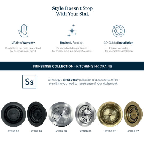 SinkSense Collection of Heavy Duty 3.5" Kitchen Sink Basket Drains and Disposal Flanges in Stainless Steel, Matte Black and Satin Gold Finishes