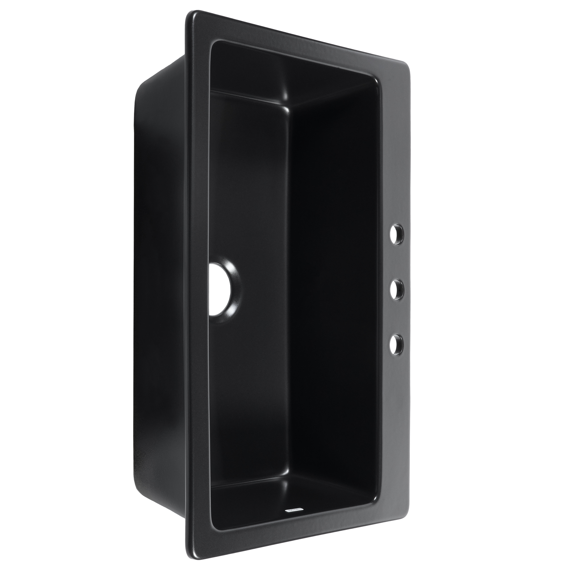 Matte black fireclay drop-in kitchen sink with 3 faucet holes and a 3.5" drain hole