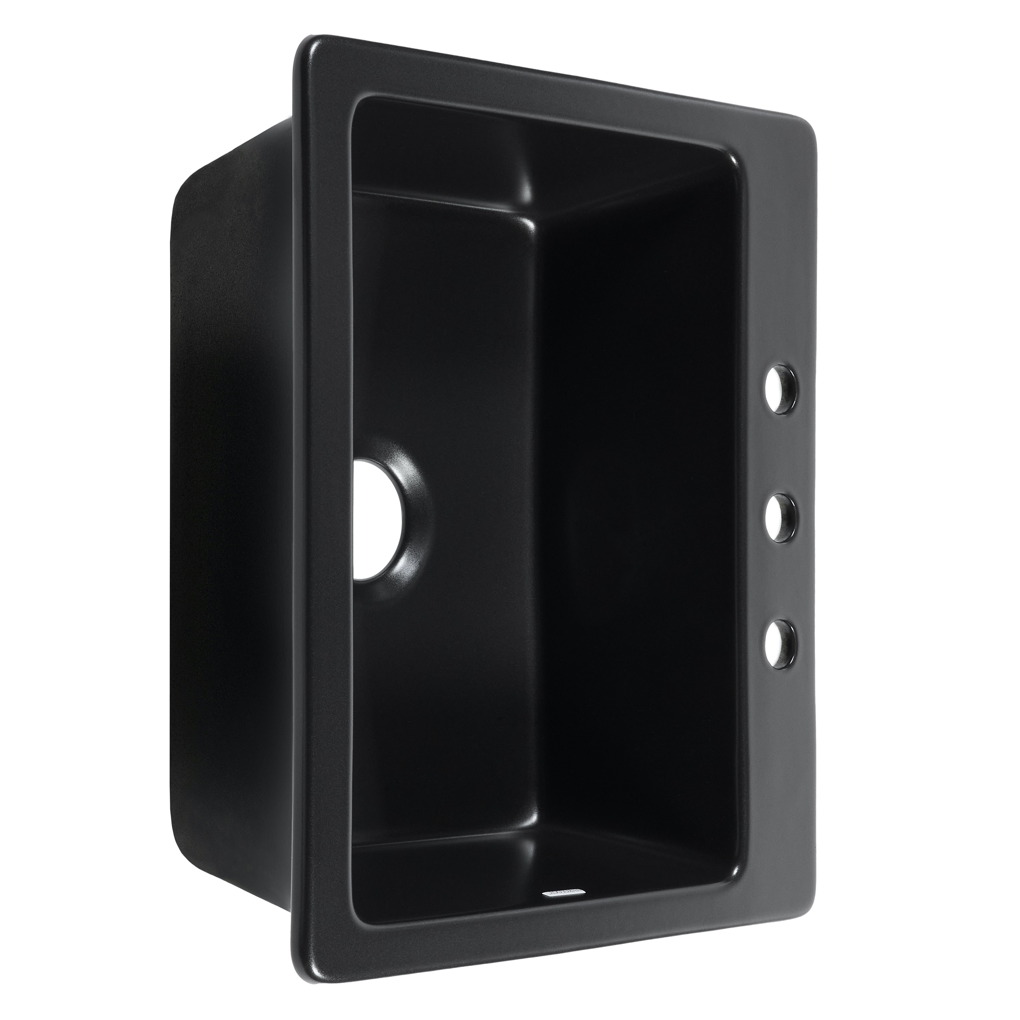 Matte black rectangular fireclay kitchen sink with 3 faucet holes and a 3.5 inch drain hole.