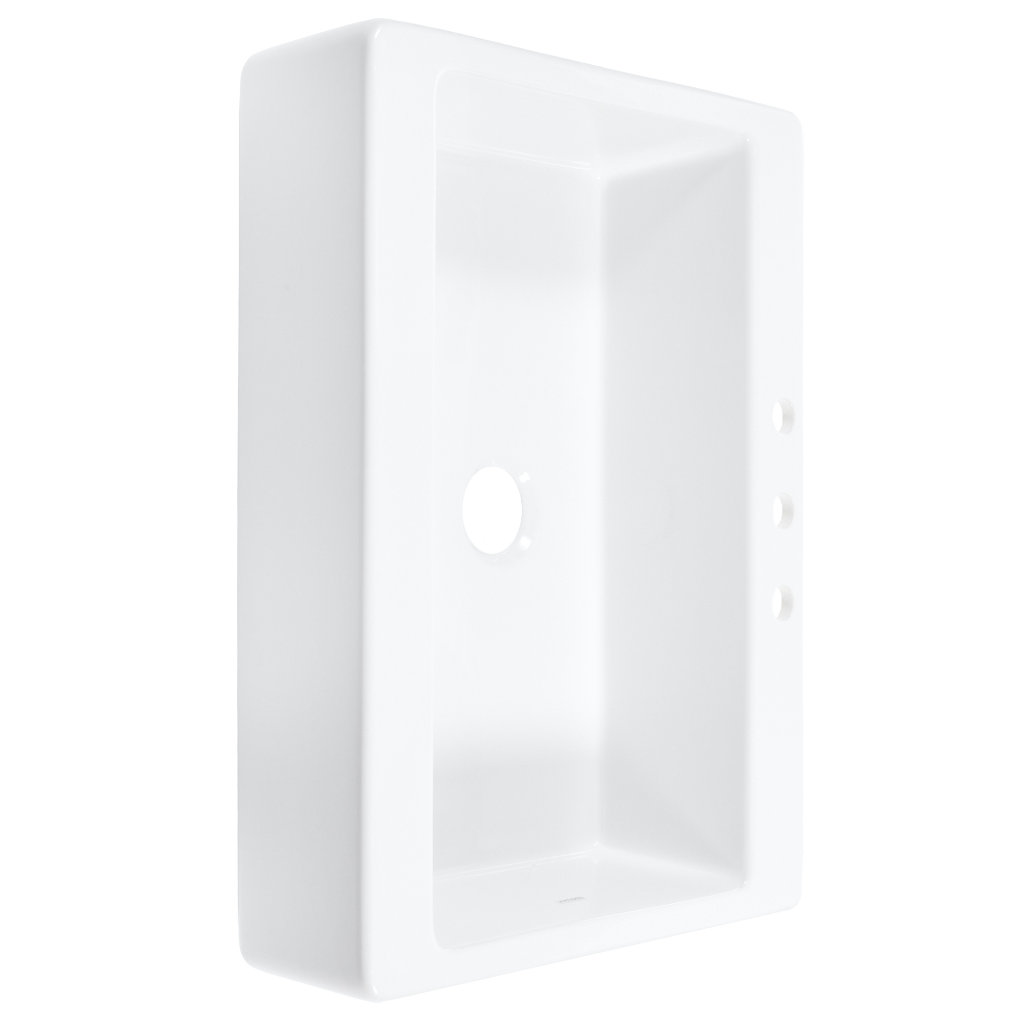 Crisp white traditional style fireclay farmhouse sink with 3 faucet holes and a 3.5" drain hole