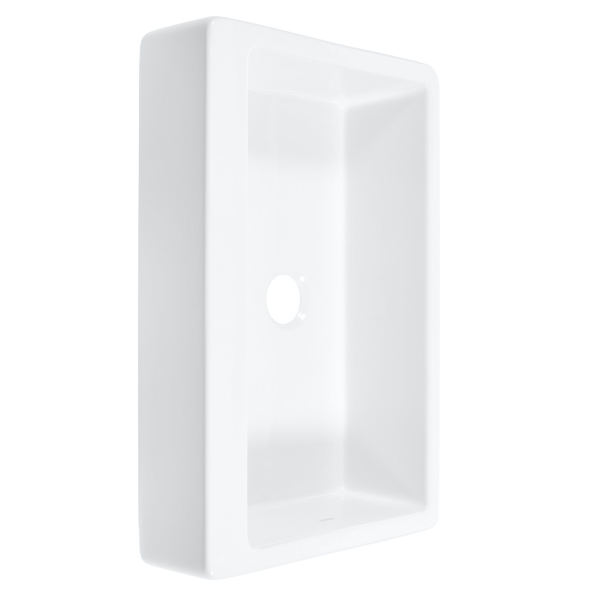 A crisp white fireclay quick-fit undermount apron front kitchen sink.