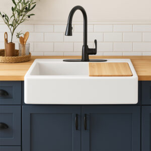 Parker 34" crisp white fireclay farmhouse workstation sink installed in blue cabinet with butcherblock countertop.