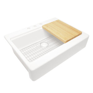 Parker 34" crisp white fireclay farmhouse workstation sink with bottom grid and cutting board