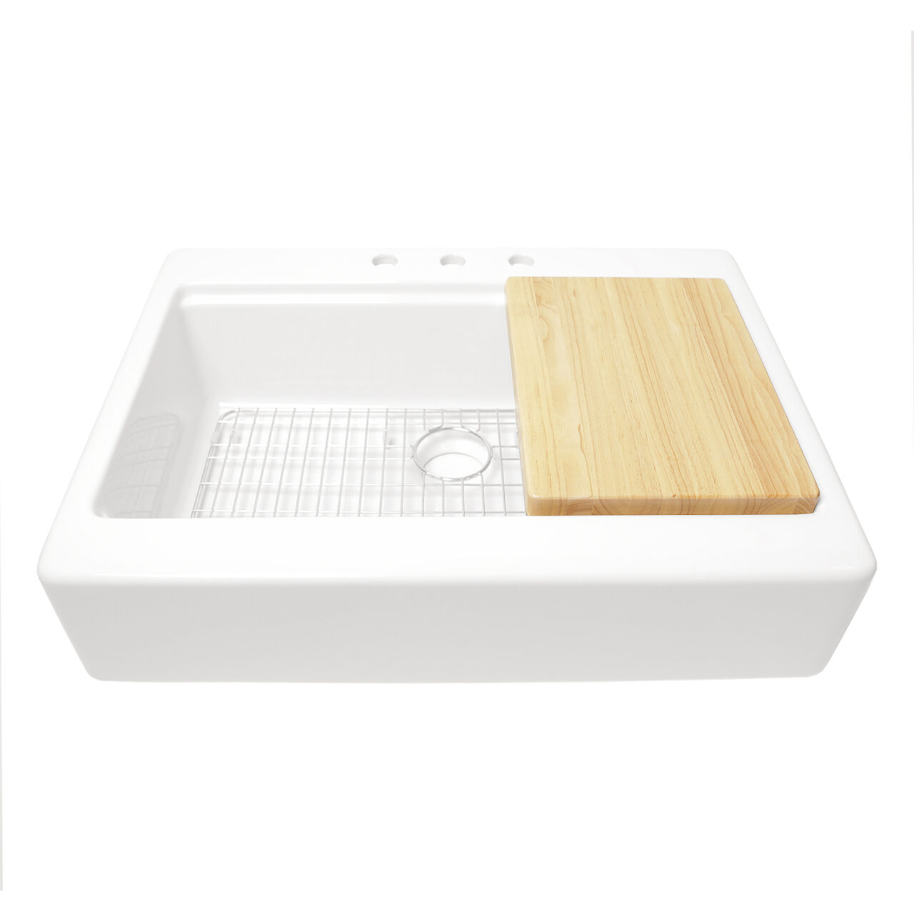 Parker 34" crisp white fireclay farmhouse workstation sink with bottom grid and cutting board