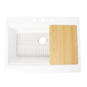 Parker 34" crisp white fireclay farmhouse workstation sink with bottom grid and cutting board