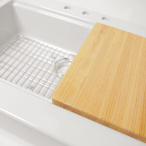 Parker 34" crisp white fireclay farmhouse workstation sink with bottom grid and cutting board