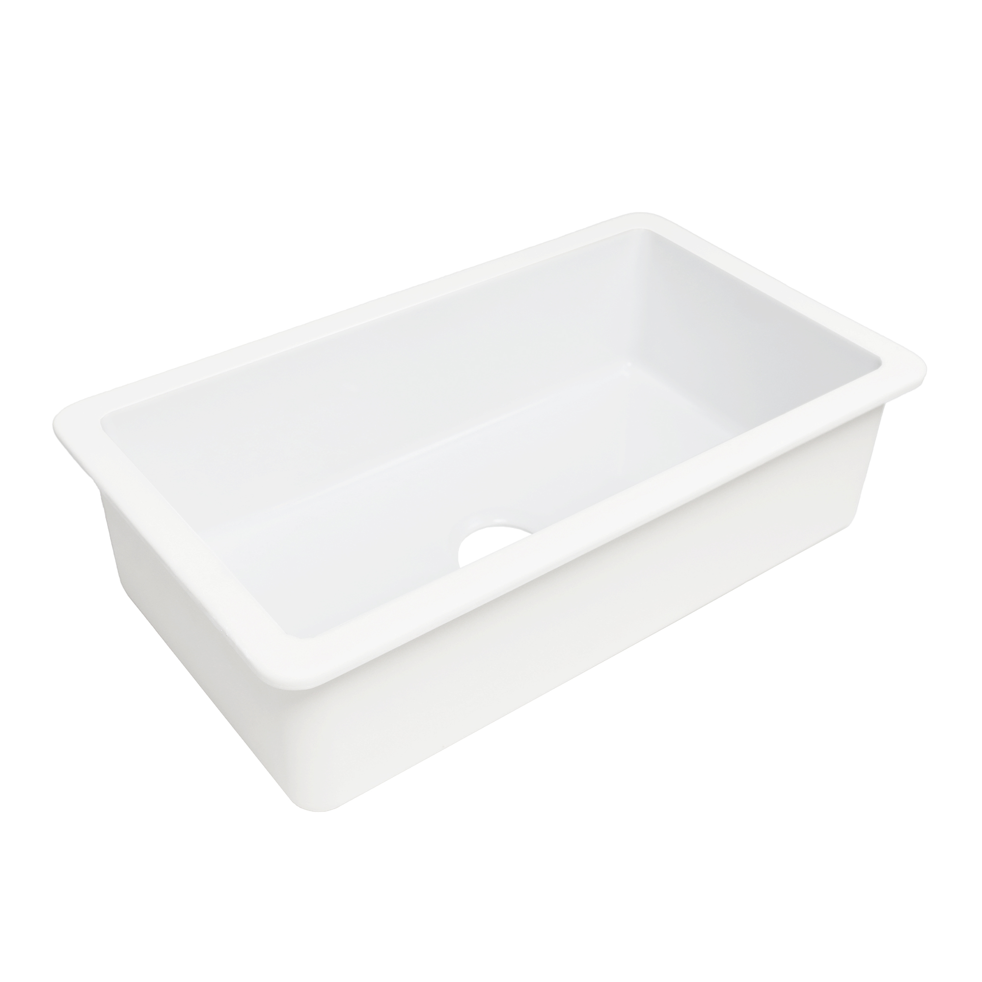 Crisp white fireclay undermount kitchen sink with a 3.5" drain hole