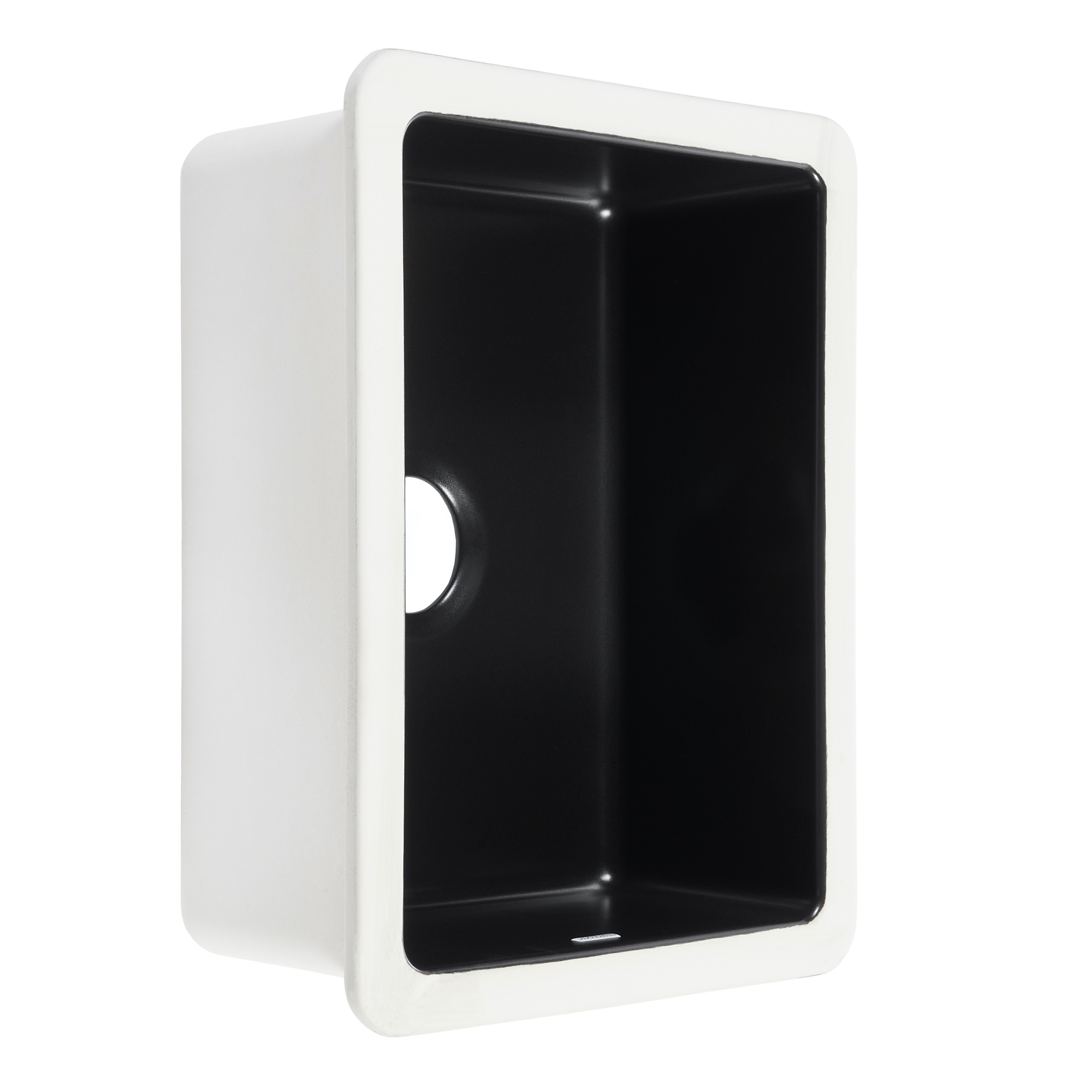 A matte black fireclay undermount kitchen sink.