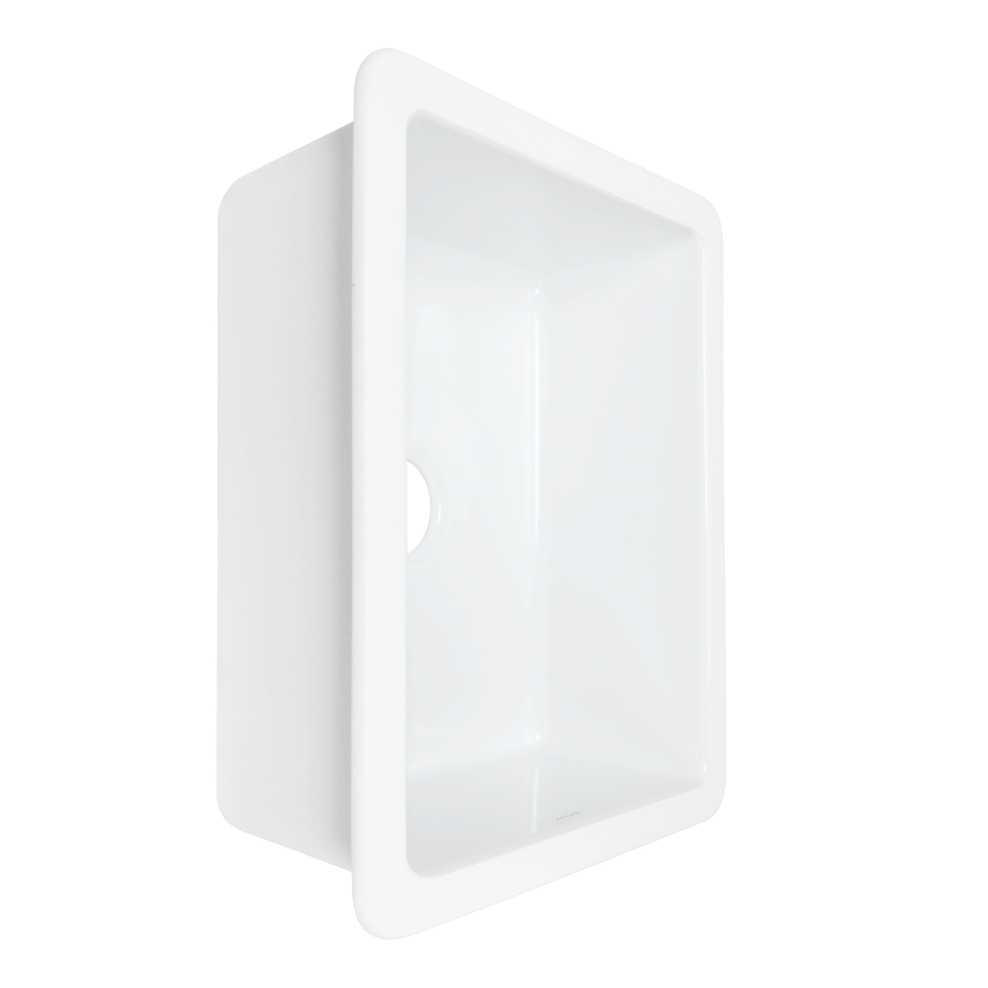 Crisp white fireclay undermount kitchen sink with a 3.5" drain hole