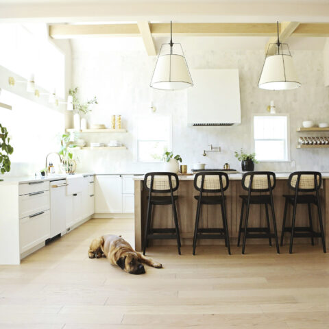Open concept kitchen with a large farmhouse sink, island with wooden barstools and a mastiff sleeping on the wood plank floor.