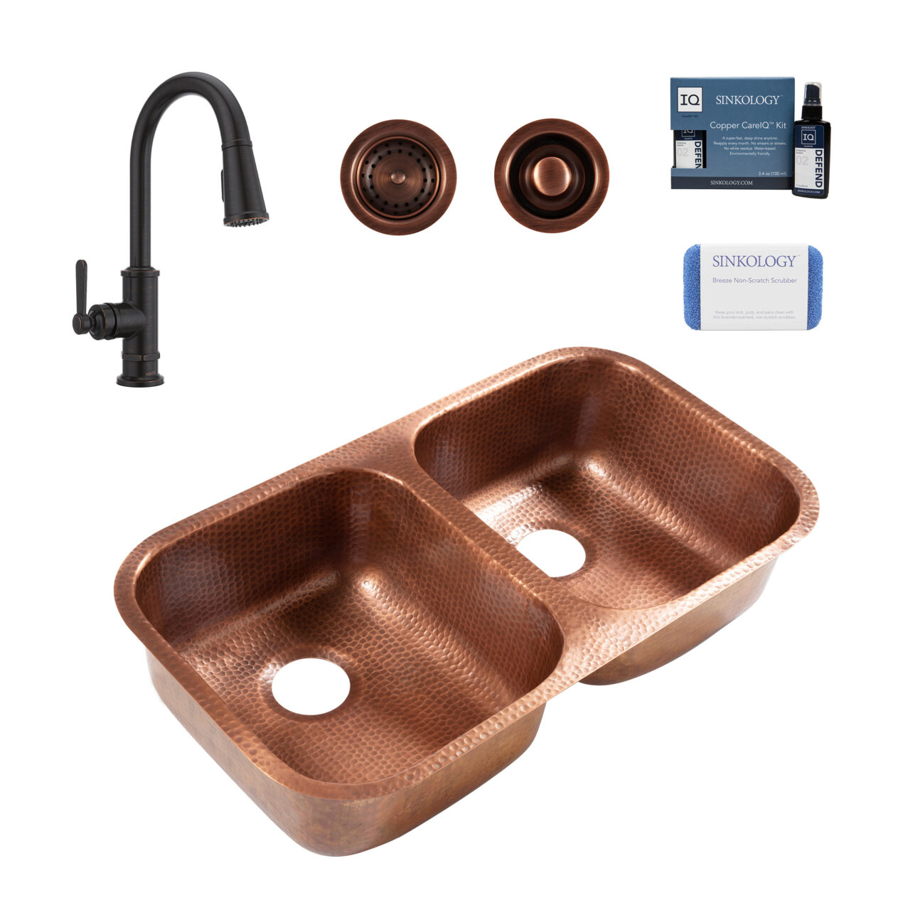 Orwell 32" Double Bowl Copper Sink with Bronze Port Haven Faucet