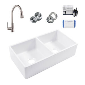 Turner 33" Double Bowl Fireclay Sink with Stainless Steel Pfirst Faucet