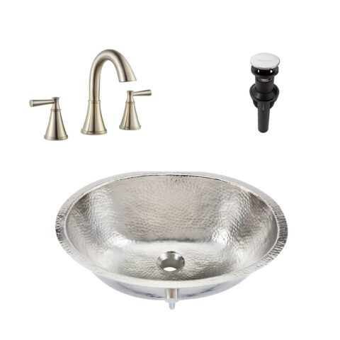 All-in-One Kit with nickel dual mount oval shaped sink, 2-handle faucet and a pop-up drain