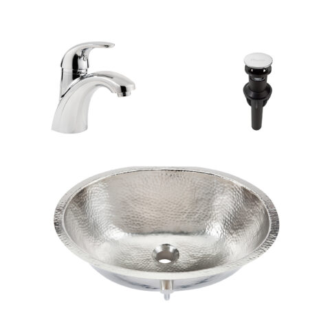 All-in-One Kit with nickel undermount oval shaped sink, single handle faucet and a pop-up drain