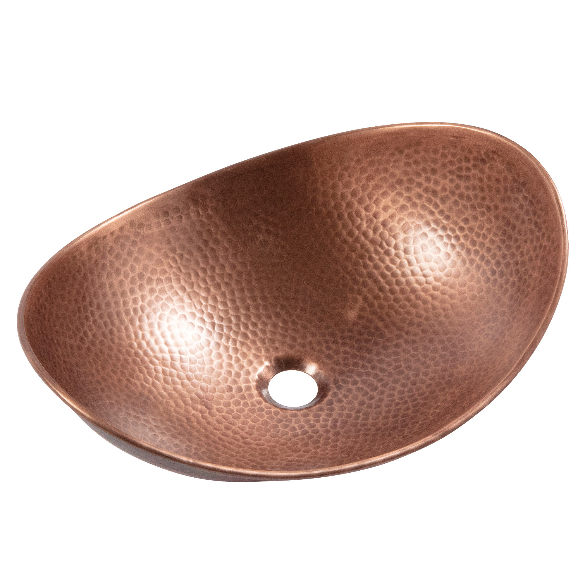 A hand hammered copper vessel bathroom sink.