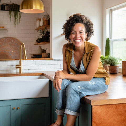 Happy smiling lady sitting on a kitchen counter next to her farmhouse kitchen sink.