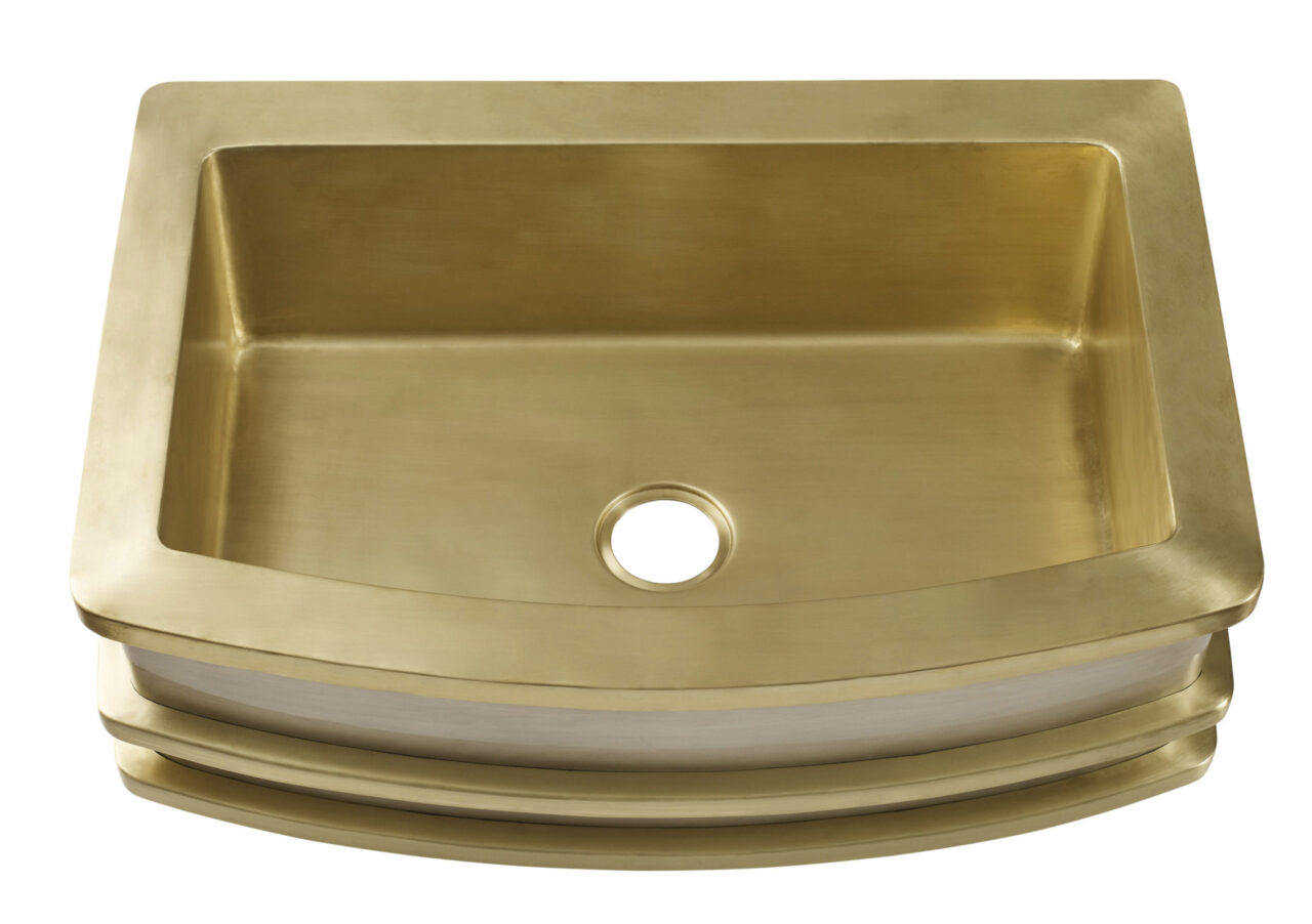 Handcrafted Farmhouse Kitchen Sink in Satin Brass and Burnished Nickel with a 3.5" drain hole.