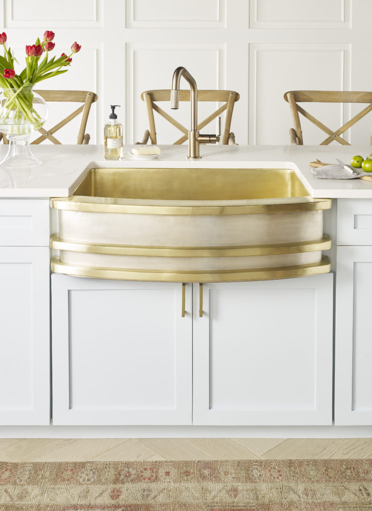 Handcrafted Farmhouse Kitchen Sink in Satin Brass and Burnished Nickel. A trio of satin brass bands run horizontally as a design element across the nickel sink basin.