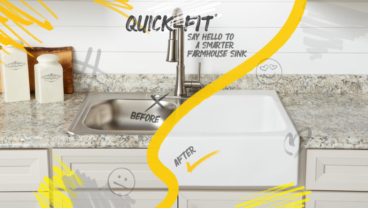 Split screen showing an old "before" stainless drop-in kitchen sink compared to a new Quick-Fit fireclay farmhouse sink. Say hello to a smarter farmhouse sink.