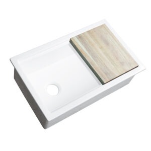 Eden 32" crisp white fireclay workstation sink with bottom grid and cutting board