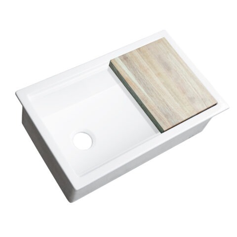 Eden 32" crisp white fireclay workstation sink with bottom grid and cutting board