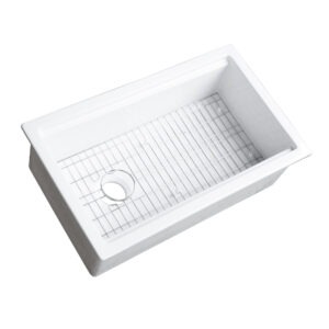 Eden 32" crisp white fireclay workstation sink with bottom grid and cutting board