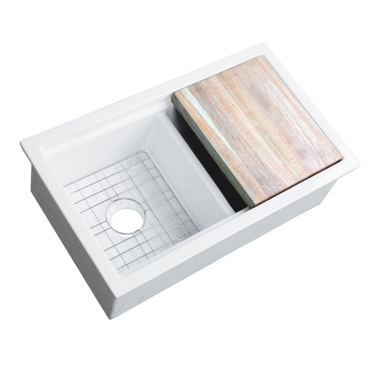 Eden 32" crisp white fireclay double bowl workstation sink with bottom grid and cutting board