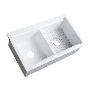 Eden 32" crisp white fireclay double bowl workstation sink with bottom grid and cutting board