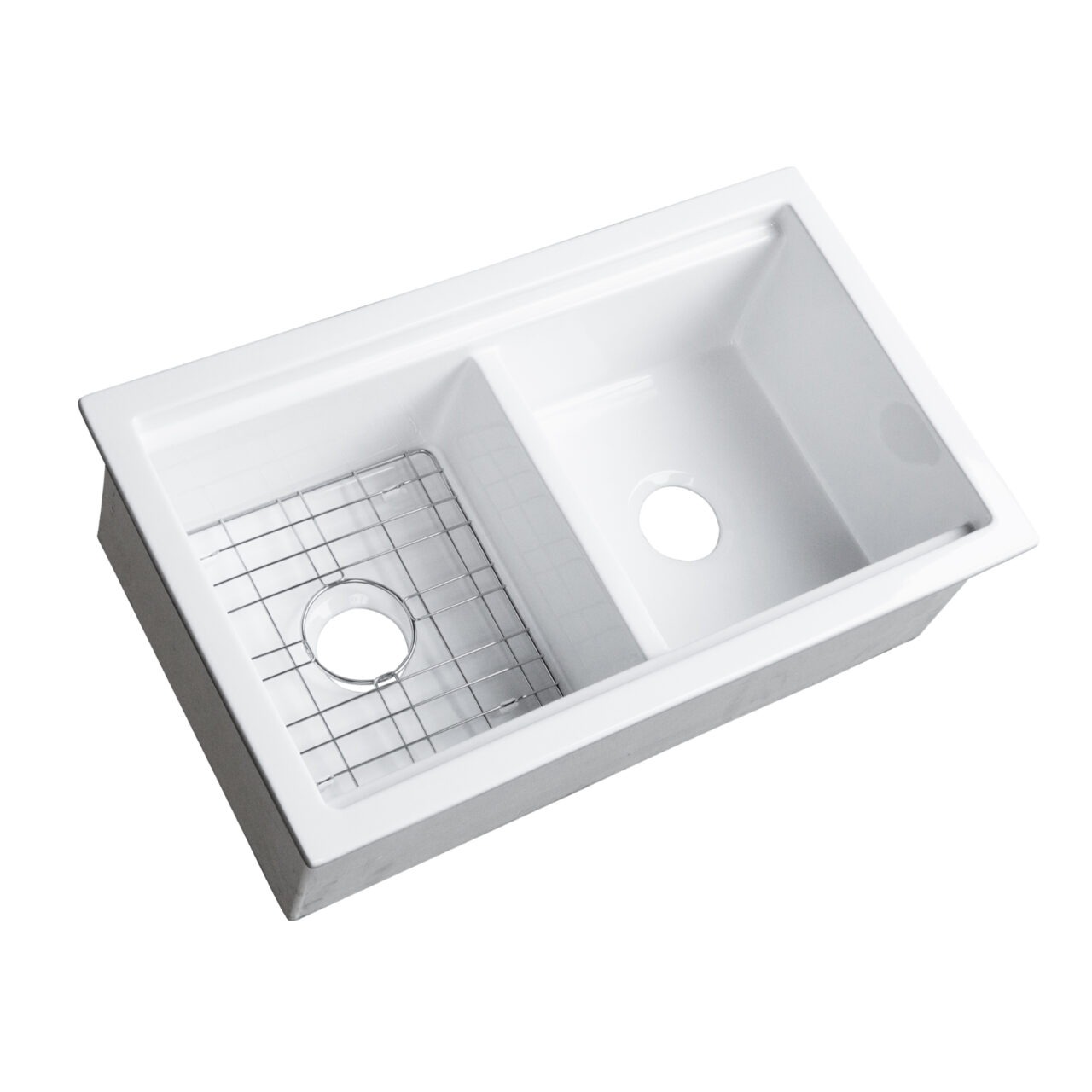 Eden 32" crisp white fireclay double bowl workstation sink with bottom grid and cutting board